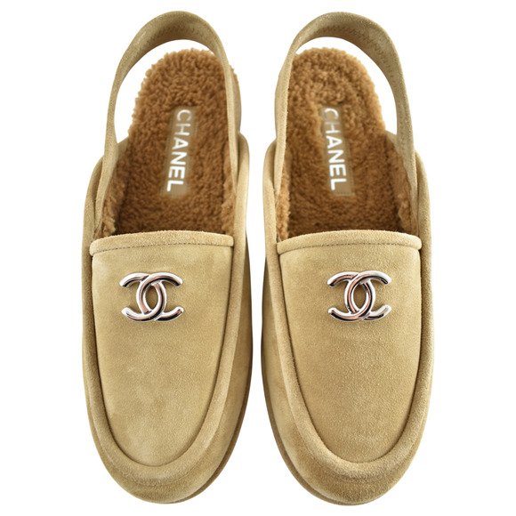 CHANEL Shoes - Chanel Dark Beige Suede Shearling CC Moccasin Ballet Slingback Loafer Flat 40
